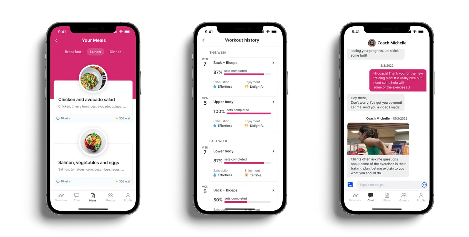 A mockup of the coaching app showcasing the different features.